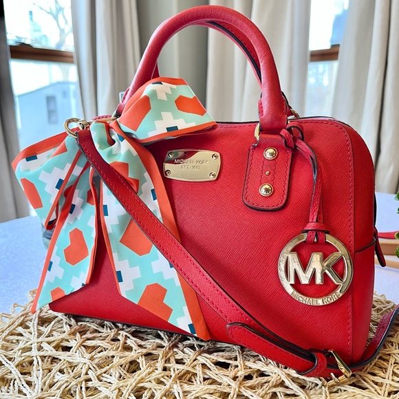 Michael Kors Saffiano Leather Satchel with Crossbody Strap in Orange Red - Picture 3 of 14